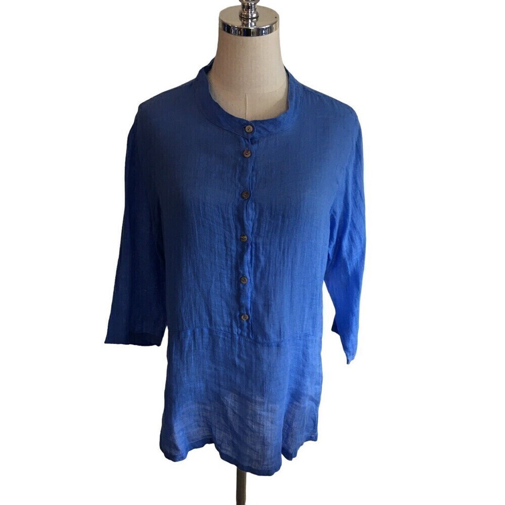 NEW Click Color Me Cotton Blue LINEN Top Size MEDIUM Women’s Lagenlook Shirt NWT